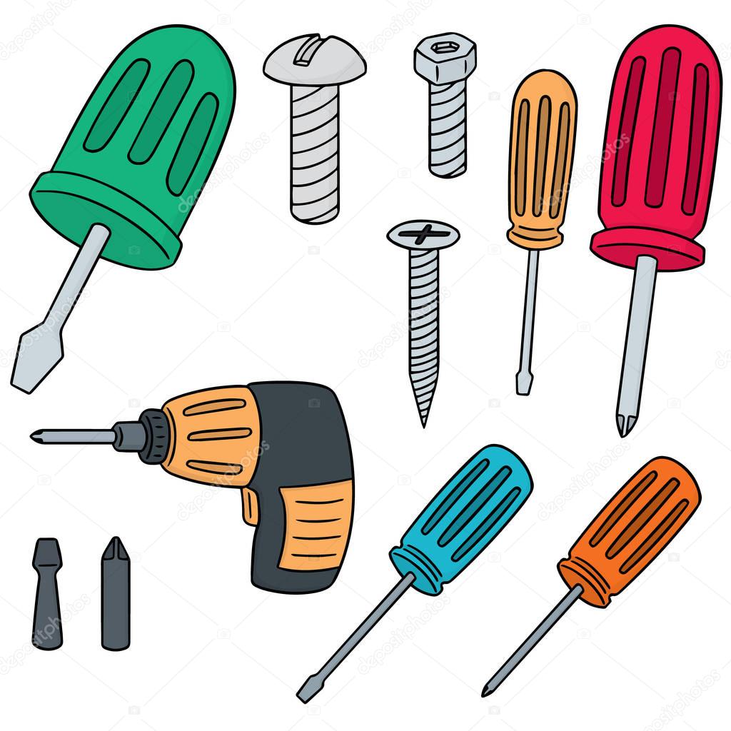 vector set of screw and screwdriver