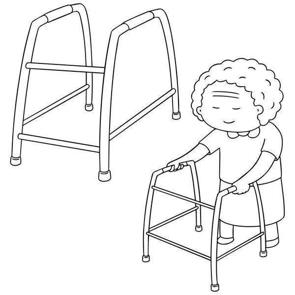 векторный набор для ходьбы пожилой женщины с помощью ходунков
