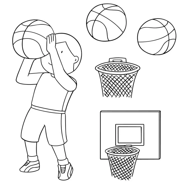 Vector set basketbal bal, hoepel en basketbal speler — Stockvector