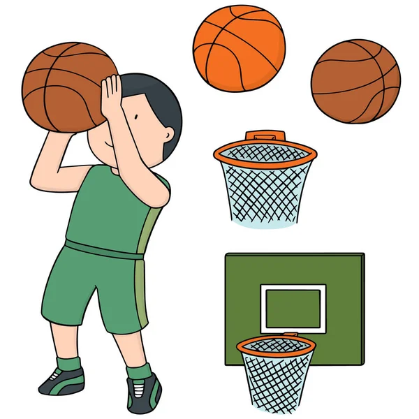 Vetor conjunto de bola de basquete, aro e basquete jogador —  Vetores de Stock
