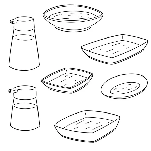 Vector conjunto de botella de condimento y plato de condimento — Archivo Imágenes Vectoriales