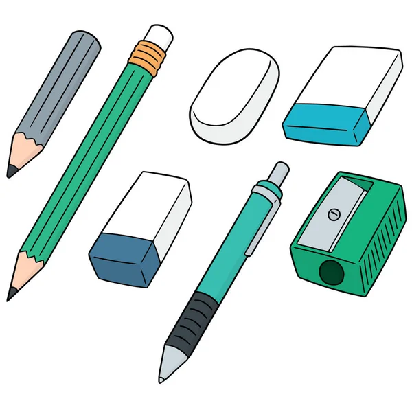 Vector set of pencil, eraser and pencil sharpener — Stock Vector