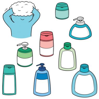 vektör şampuan seti ve sıvı sabun şişesi.