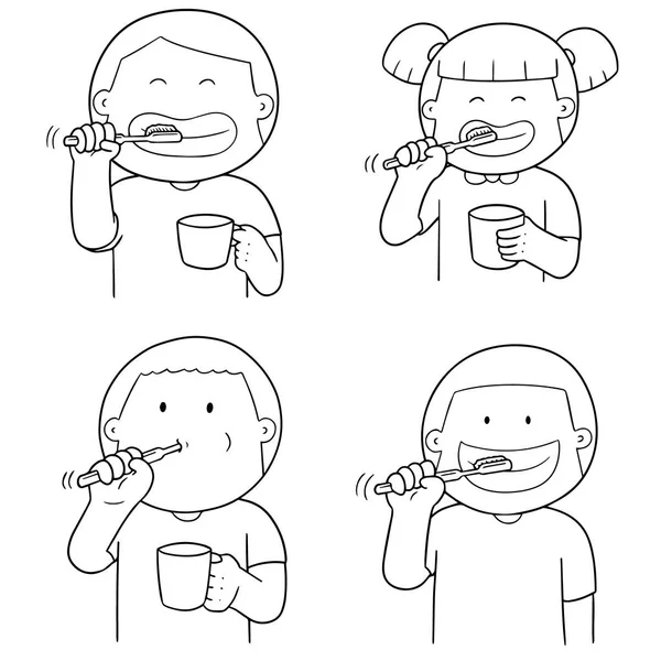 Conjunto vetorial de crianças escovando dentes — Vetor de Stock