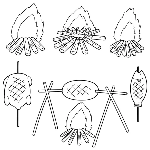 Juego de vectores de hoguera y comida a la parrilla — Archivo Imágenes Vectoriales