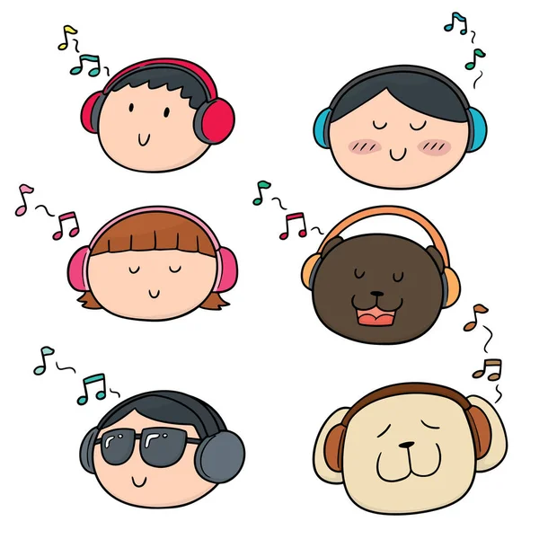 Vector conjunto de personas y animales escuchando música — Vector de stock