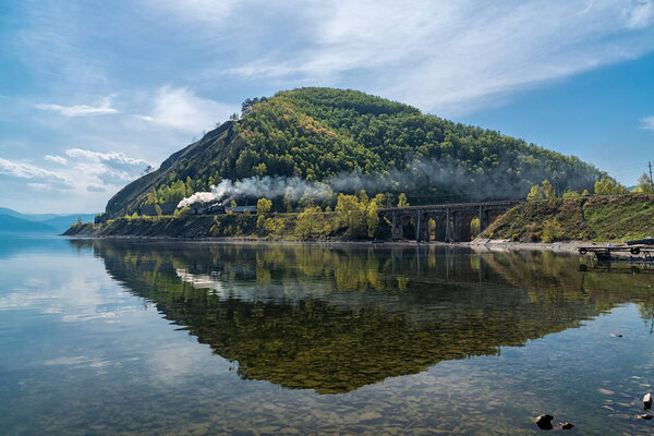 May 25, 2017 tourist steam train rides on the Circum-Baikal Railway, lake Baikal, Russia