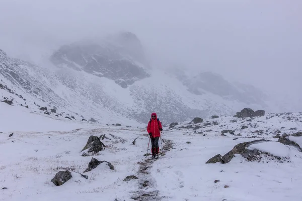 Turisten går till bergen i snön — Stockfoto