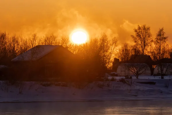 Sunrise over the Angara River and houses