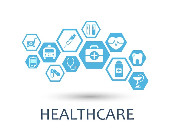 Sammanfattning av Hexagon. Medicin bakgrund med linjer, polygoner, och integrera platta ikoner. Infografik koncept medicin, strategi, hälsa, sjukvård, sjuksköterska, DNA, piller anslutna symboler. Vektor. — Stock vektor