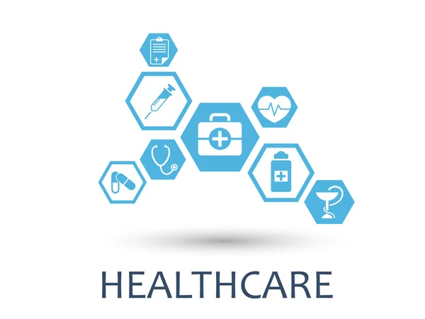 Sammanfattning av Hexagon. Medicin bakgrund med linjer, polygoner, och integrera platta ikoner. Infografik koncept medicin, strategi, hälsa, sjukvård, sjuksköterska, DNA, piller anslutna symboler. Vektor. — Stock vektor