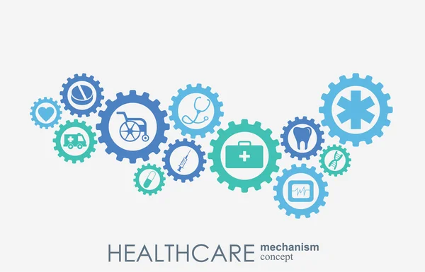 Concetto di meccanismo sanitario. Sfondo astratto con ingranaggi collegati e icone per medico, salute, cura, strategia, medicina, rete, concetti globali di social media. Infografica vettoriale . — Vettoriale Stock