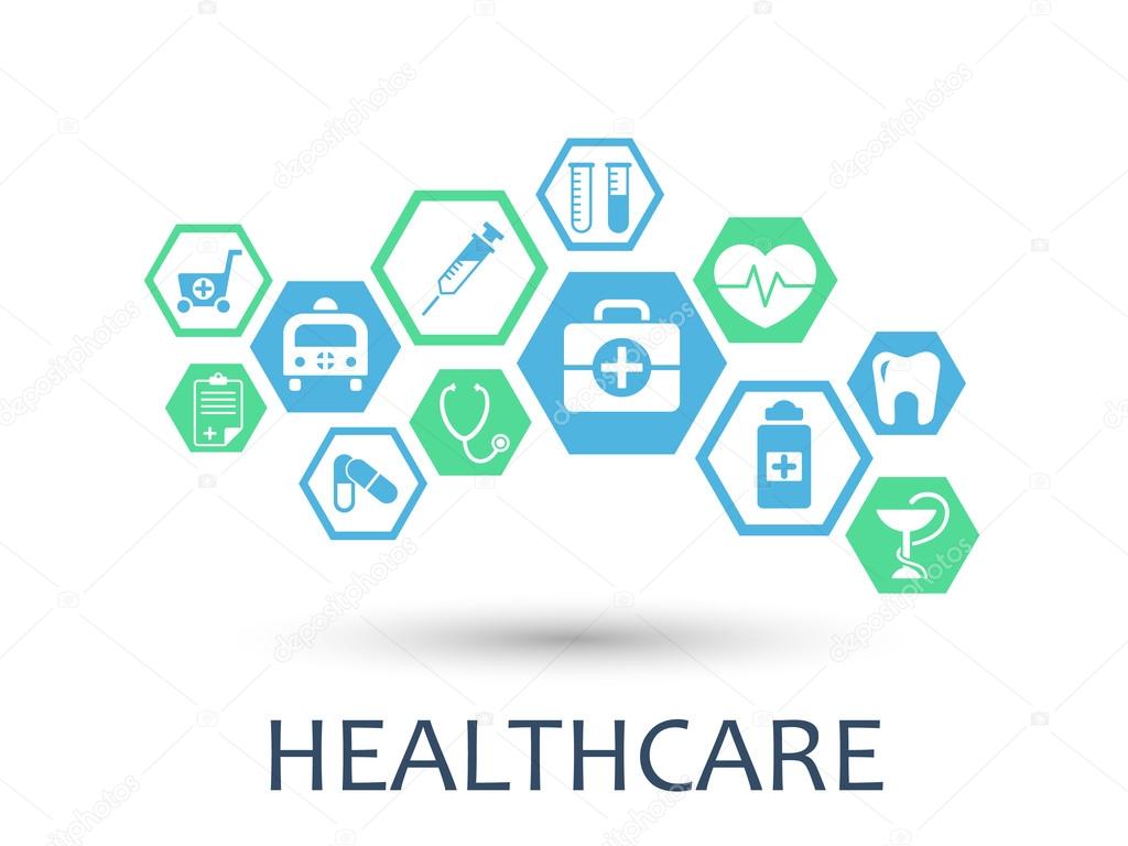 Hexagon abstract. Medicine background with lines, polygons, and integrate flat icons. Infographic concept medical, strategy, health, healthcare, nurse, DNA, pills connected symbols. Vector.