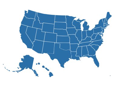 Beyaz arka planda izole edilmiş benzer ABD haritası. Amerika Birleşik Devletleri ülkesi. Web sitesi, tasarım, kapak, bilgi grafikleri için vektör şablonu. Grafik illüstrasyonu.