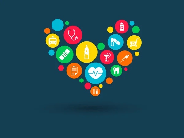 Färg cirklar med platta ikoner i en hjärtform: medicin, medicinsk, strategi, hälsa, Cross, Healthcare begrepp. Abstrakt bakgrund anslutna objekt i integrerad grupp av element. Vektor. — Stock vektor