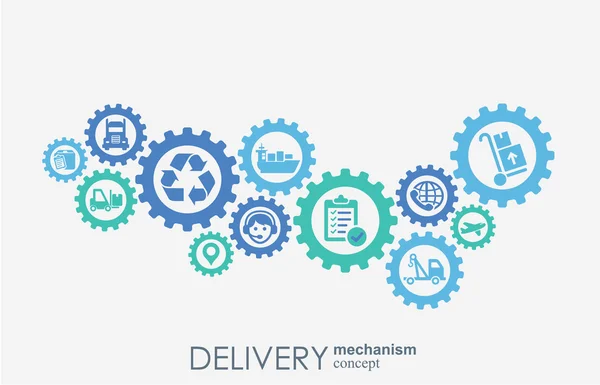Liefermechanismus-Konzept. abstrakter Hintergrund mit vernetzten Zahnrädern und Symbolen für Logistik, Service, Strategie, Versand, Vertrieb, Transport, Markt, Kommunikationskonzepte. Vektor interaktiv. — Stockvektor