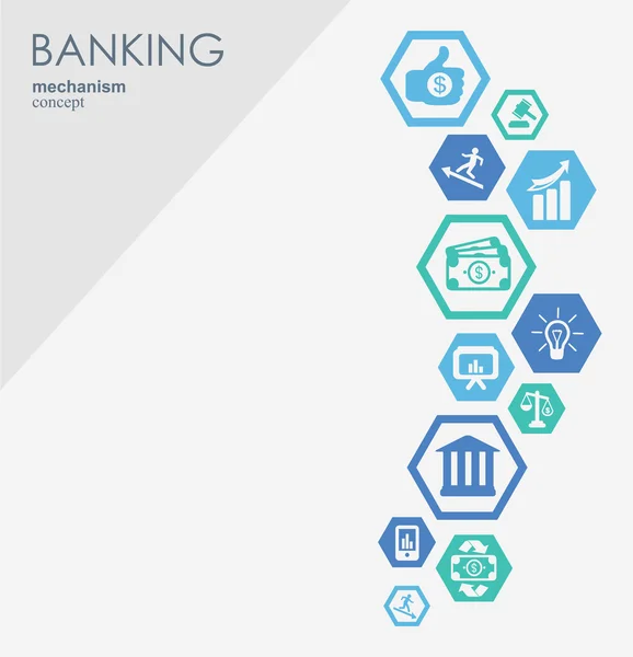 Rete bancaria. Esagono sfondo astratto con linee, poligoni, e integrare icone piatte. Simboli collegati per denaro, carta, strategia, banca, concetti di finanza aziendale. Vettore interattivo . — Vettoriale Stock