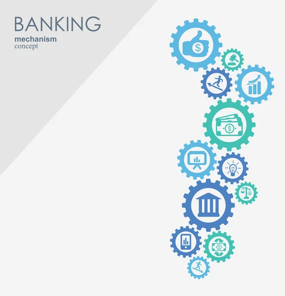 Bankovní mechanismus. Abstraktní pozadí s připojenými převody a integrovanými plochými ikonami. symboly pro peníze, strategii, kartu, banku, obchodní finance. Vektorová interaktivní ilustrace — Stockový vektor