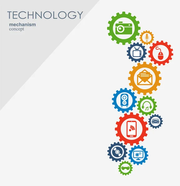 Koncepcja mechanizmu technologicznego. Streszczenie tła ze zintegrowanymi przekładkami i ikonami dla cyfrowego, strategicznego, internetowego, sieciowego, łącznego, komunikowania się, globalnych koncepcji mediów społecznościowych. Infografika wektorowa. — Wektor stockowy