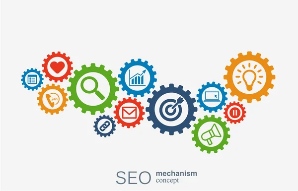 Seo mekanizması kavramı. Strateji, dijital, internet, ağ, bağlantı, analitik, sosyal medya küresel kavramları için entegre dişliler ve simgeler ile soyut arka plan. Vektör infographi.