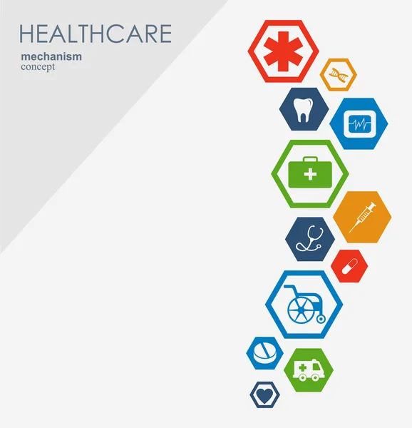 Healthcare mechanism concept. Abstract background with connected gears and icons for medical, strategy, health, care, medicine, network, social media global concepts. Vector infographic. — Stock Vector