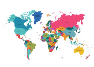 Renkli ülkelerin olduğu dünya haritası Atlas. Kolay düzenleme için katmanlar halinde düzenlenmiş EPS10 vektör dosyası.