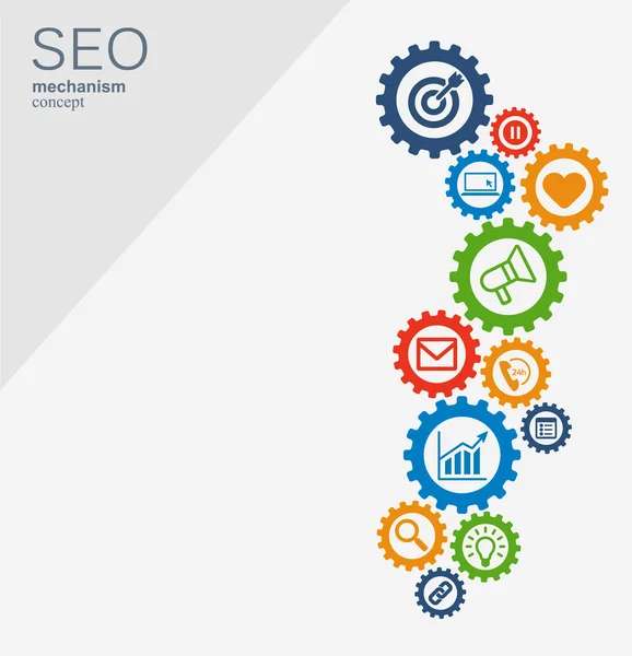 Seo mekanizması kavramı. Strateji, dijital, internet, ağ, bağlantı, analitik, sosyal medya küresel kavramları için entegre dişliler ve simgeler ile soyut arka plan. Vektör infographi. — Stok Vektör