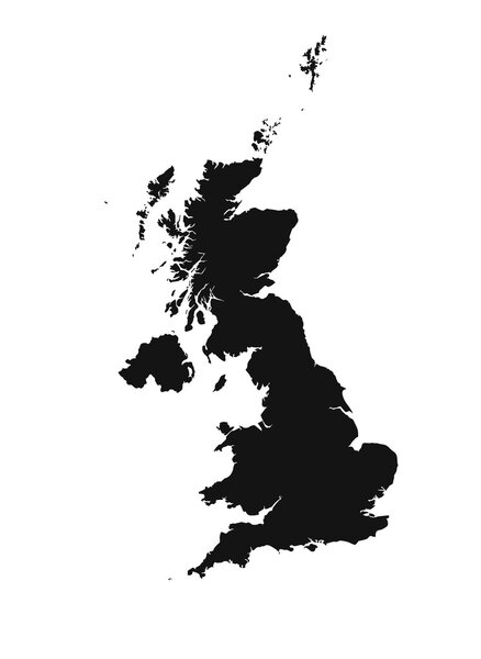 Detailed isolated map of United Kingdom, black and white. Mercator Projection