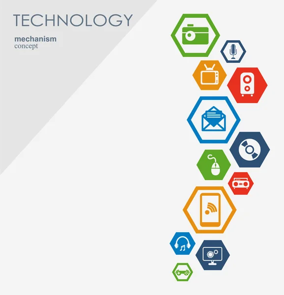 Concetto di meccanismo tecnologico. Sfondo astratto con ingranaggi integrati e icone per digitale, strategia, internet, rete, connettersi, comunicare, social media concetti globali. Infografica vettoriale . — Vettoriale Stock