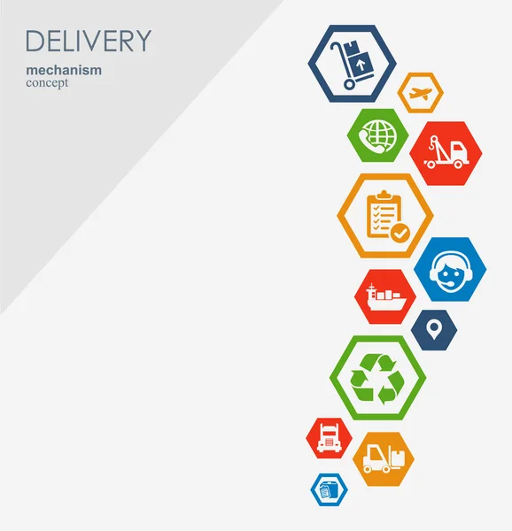 Concepto de mecanismo de entrega. Antecedentes abstractos con engranajes e iconos conectados para conceptos logísticos, de estrategia, servicio, envío, distribución, transporte, mercado, comunicación. Vector interactivo . — Archivo Imágenes Vectoriales