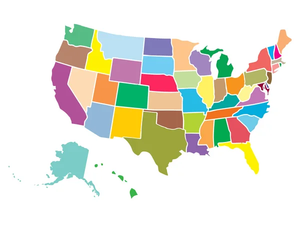 Rincian tinggi peta Amerika Serikat dengan warna yang berbeda untuk setiap negara. Amerika Serikat dalam gaya datar. federal terisolasi di latar belakang putih - Stok Vektor