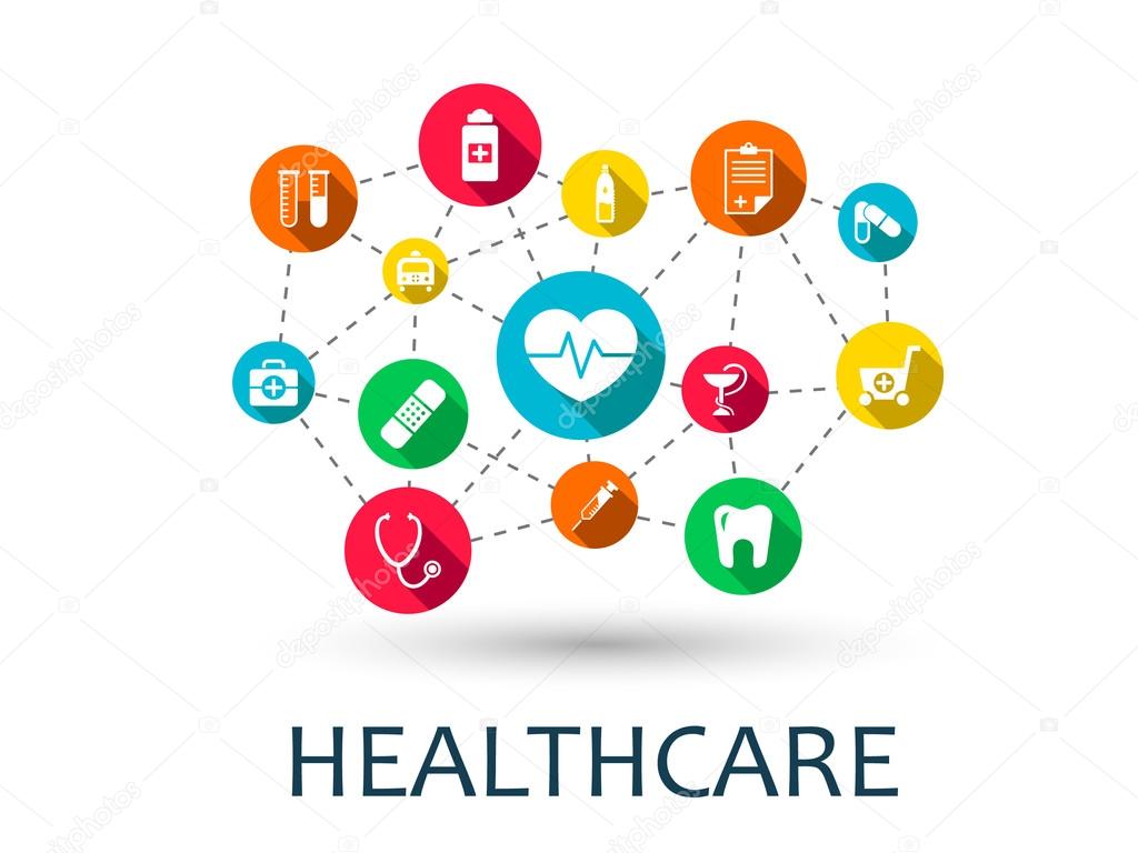 Abstract medicine background with lines, circles and integrate flat icons. Infographic concept with medical, health, strategy, healthcare, nurse, DNA, pills connected symbols. Vector interactive.