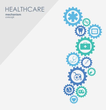 Sağlık mekanizması kavramı. Arka plan bağlı ve tıp, sağlık, strateji, bakım, tıp, ağ, sosyal medya genel kavramlar için simgeler. Vektör Infographic.