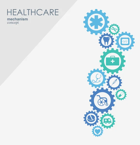 Gezondheidszorg mechanisme concept. Abstracte achtergrond met aangesloten versnellingen en pictogrammen voor medisch, gezondheid, strategie, zorg, geneeskunde, netwerk, sociale media global concepten. Vector infographic. — Stockvector