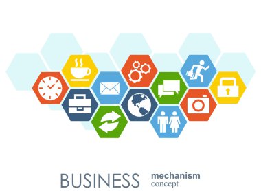iş mekanizması kavramı. arka plan bağlı ve simgeler için strateji, hizmet, analytics, araştırma, seo, dijital pazarlama, iletişim kavramları. vektör Infographic illüstrasyon