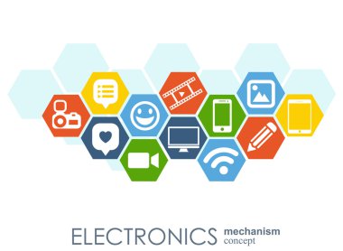 Elektronik mekanizma. Bağlı dişliler ve entegre düz simgeler ile soyut arka plan. Dizüstü bilgisayar, monitör, telefon için bağlı semboller. Vektör interaktif illüstrasyon.