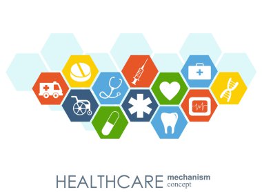 Sağlık mekanizması kavramı. Arka plan bağlı ve tıp, sağlık, strateji, bakım, tıp, ağ, sosyal medya genel kavramlar için simgeler. Vektör Infographic.