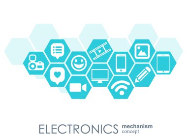Elektronik mekanizma. Bağlı dişliler ve entegre düz simgeler ile soyut arka plan. Dizüstü bilgisayar, monitör, telefon için bağlı semboller. Vektör interaktif illüstrasyon.