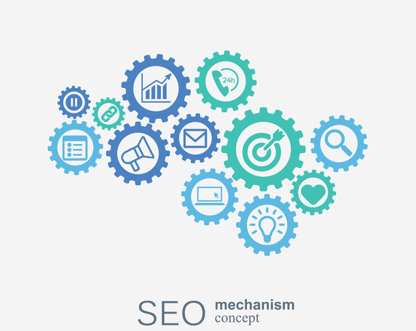 SEO mechanism concept. Abstract background with integrated gears and icons for strategy, digital, internet, network, connect, analytics, social media global concepts.