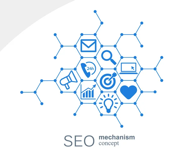 Seoメカニズムコンセプト。戦略、デジタル、インターネット、ネットワーク、接続、分析、ソーシャルメディアのグローバルコンセプトのための統合されたギアとアイコンを持つ抽象的な背景. — ストックベクタ