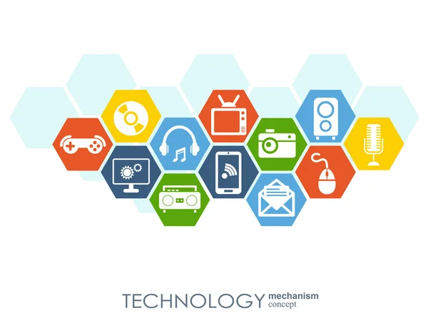 Technologie-Mechanismus-Konzept. abstrakten Hintergrund mit integrierten Zahnrädern und Symbolen für digitale, Strategie, Internet, Netzwerk, Connect, Communication, Social Media globale Konzepte. Vektor-Infografik. — Stockvektor