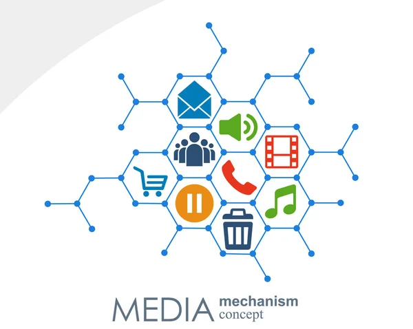 미디어 메커니즘 개념입니다. 통합 메타 공, 디지털 아이콘, 전략, 인터넷, 네트워크, 연결, 통신, 기술, 글로벌 개념성장 추상적 배경. — 스톡 벡터