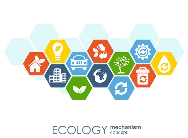 Ökológia mechanizmus koncepció. Absztrakt háttér csatlakoztatott fogaskerekek és ikonok környezetbarát, az energia, a környezetvédelem, zöld, recirkulálás, bio globális fogalmak. Vektor infographic illusztráció. — Stock Vector