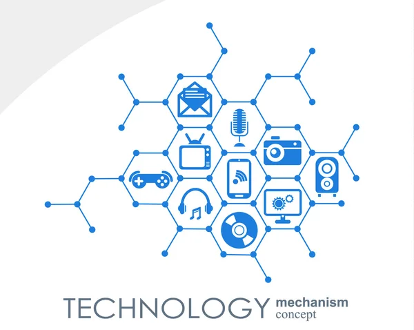 Concetto di meccanismo tecnologico. Sfondo astratto con ingranaggi integrati e icone per digitale, strategia, internet, rete, connettersi, comunicare, social media concetti globali. Infografica vettoriale . — Vettoriale Stock