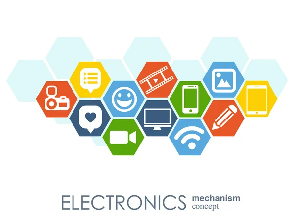 Mechanizm elektroniczny. Streszczenie tła z połączonych biegów i zintegrowanych płaskich ikon. Połączone symbole dla laptopa, monitora, telefonu. Interaktywna ilustracja wektorowa. — Wektor stockowy