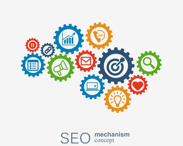 Seo-Mechanismus-Konzept. abstrakter Hintergrund mit integrierten Zahnrädern und Symbolen für Strategie, Digital, Internet, Netzwerk, Connect, Analytics, Social Media globale Konzepte. — Stockvektor