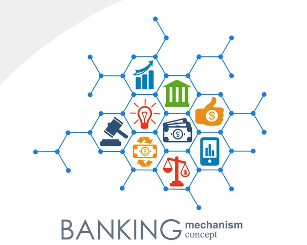 Mecanismo bancario. Fondo abstracto con engranajes conectados e iconos planos integrados. símbolos de dinero, tarjeta, banco, conceptos de finanzas de negocios. Ilustración interactiva del vector . — Vector de stock