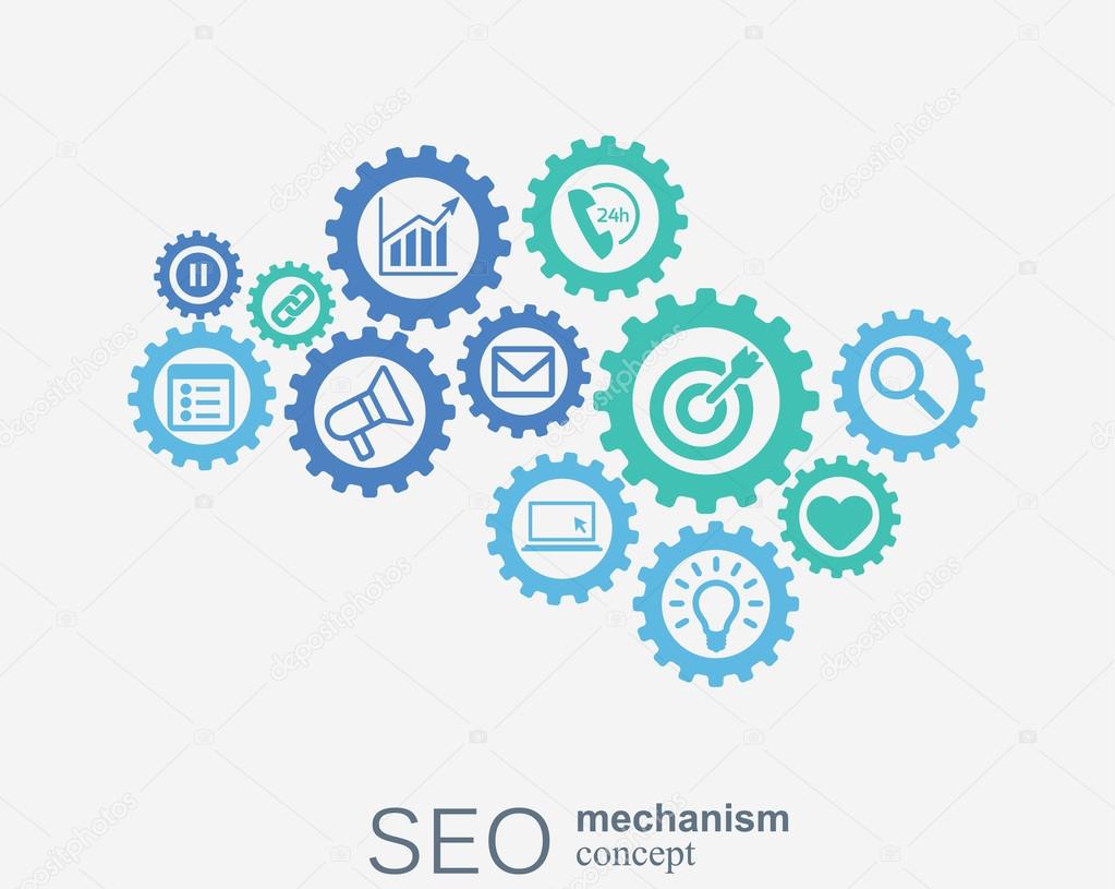 SEO mechanism concept. Abstract background with integrated gears and icons for strategy, digital, internet, network, connect, analytics, social media global concepts.