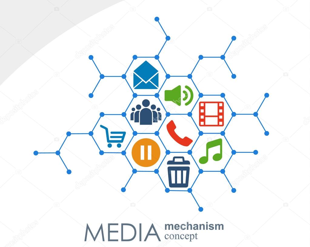 Media mechanism concept. Growth abstract background with integrated meta balls, icon for digital, strategy, internet, network, connect, communicate, technology, global concepts.