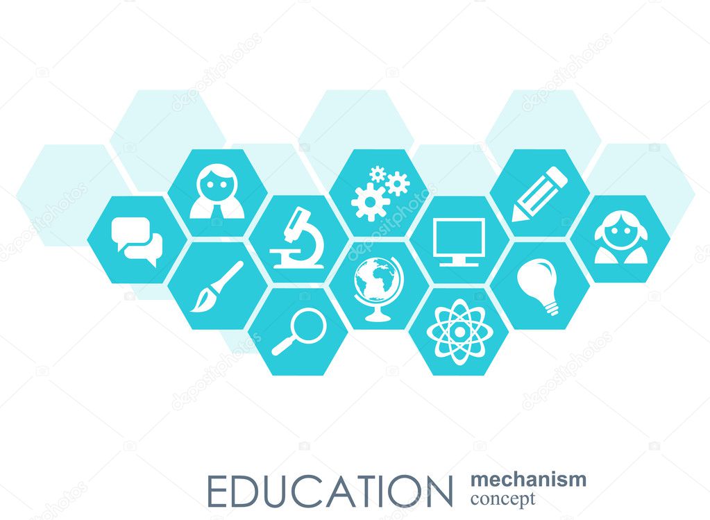 Education network. Hexagon abstract background with lines, polygons, and integrate flat icons. Connected symbols for elearning, knowledge, learn global concepts. Vector interactive illustration.